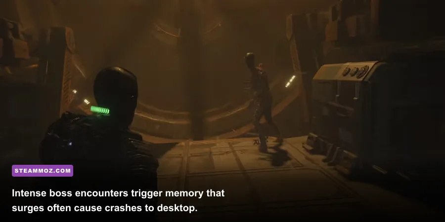 Jacob dodging a strike from the Two-Head brute in The Callisto Protocol