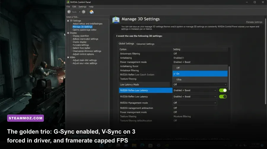 NVIDIA Control Panel 3D settings menu highlighting Low Latency Mode and Max Frame Rate