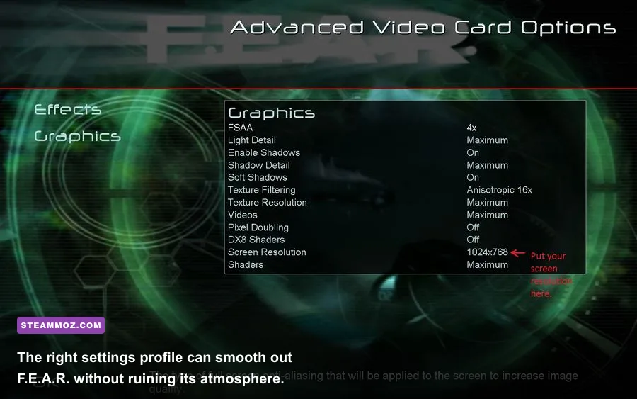 F.E.A.R. Platinum graphics settings menu showing PC performance options