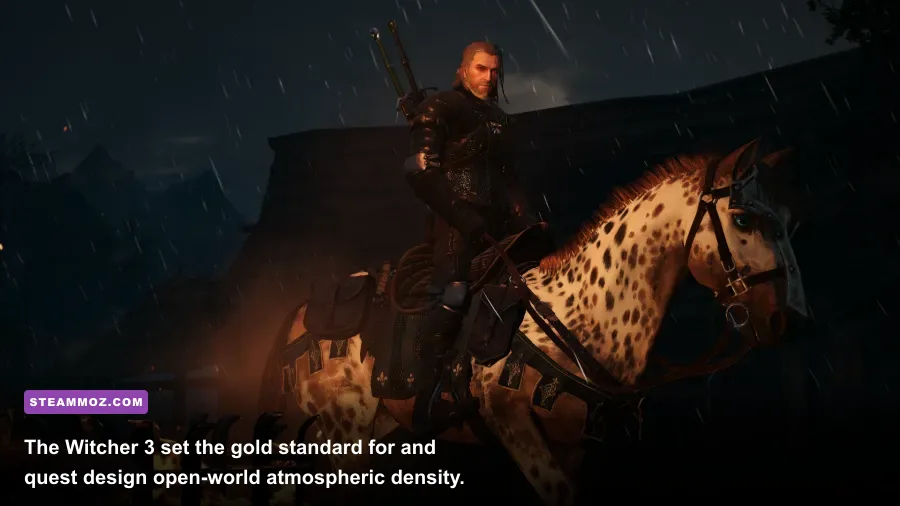 Geralt of Rivia riding Roach across the outskirts of Novigrad during sunset in The Witcher 3