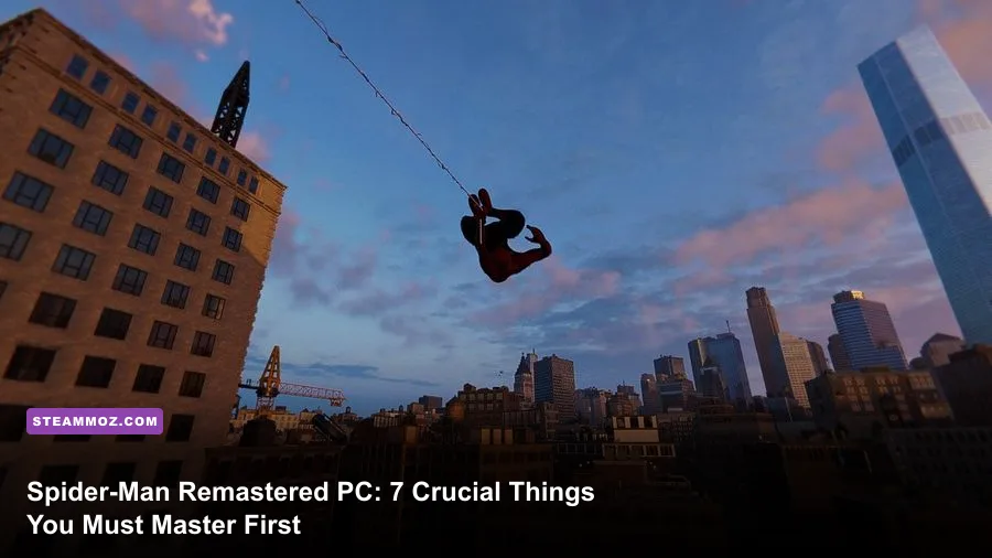 Spider-Man swinging through Manhattan skyscrapers in Marvel's Spider-Man Remastered PC