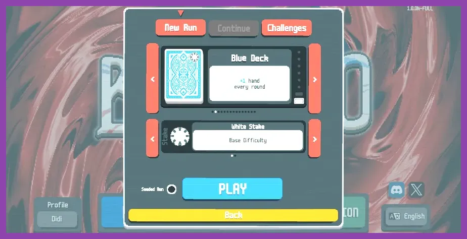 Balatro Blue Deck starting hand with five cards and Joker slots