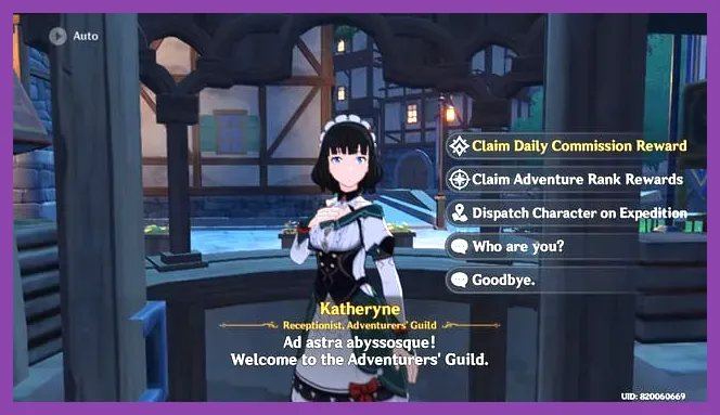 Claiming Daily Commissions rewards from Katheryne in Genshin Impact