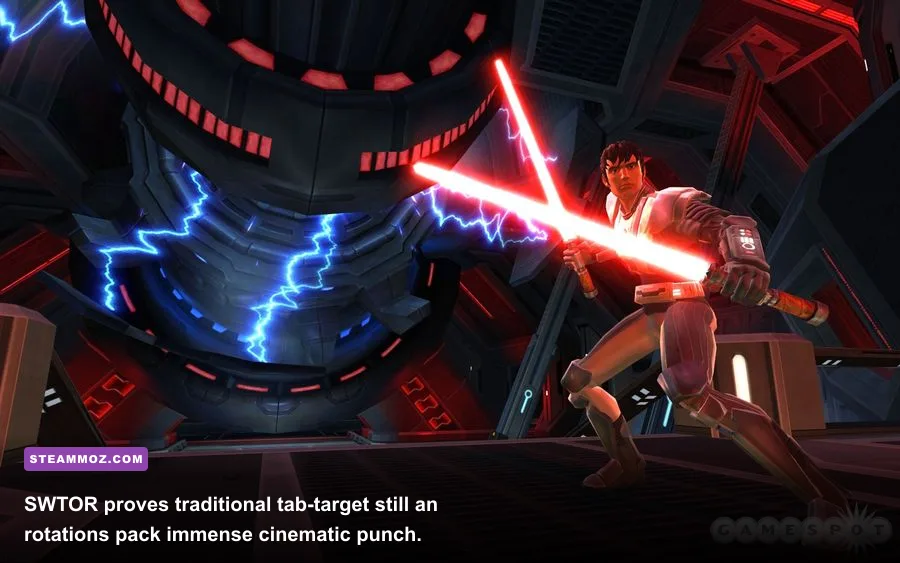 Sith Warrior in SWTOR executing cinematic lightsaber abilities
