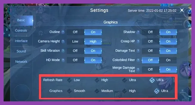 Mobile Legends in-game graphics and performance settings menu