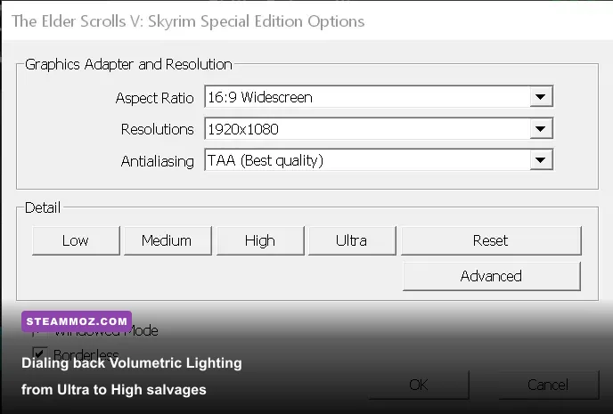 Skyrim graphics launcher settings showing godrays and shadow resolution options