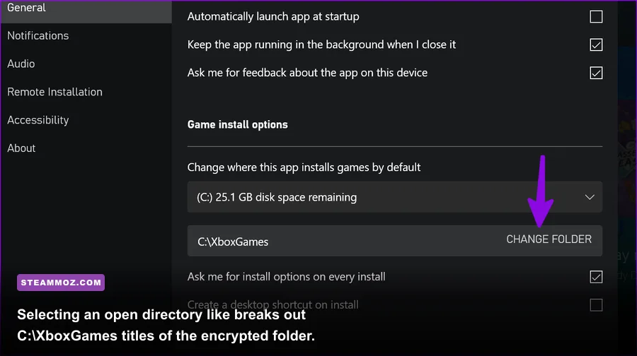 Xbox app settings showing custom installation directory configuration