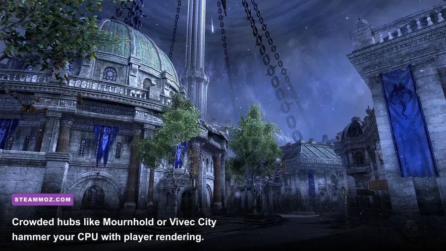 Crowded marketplace scene in Elder Scrolls Online with many players and NPCs