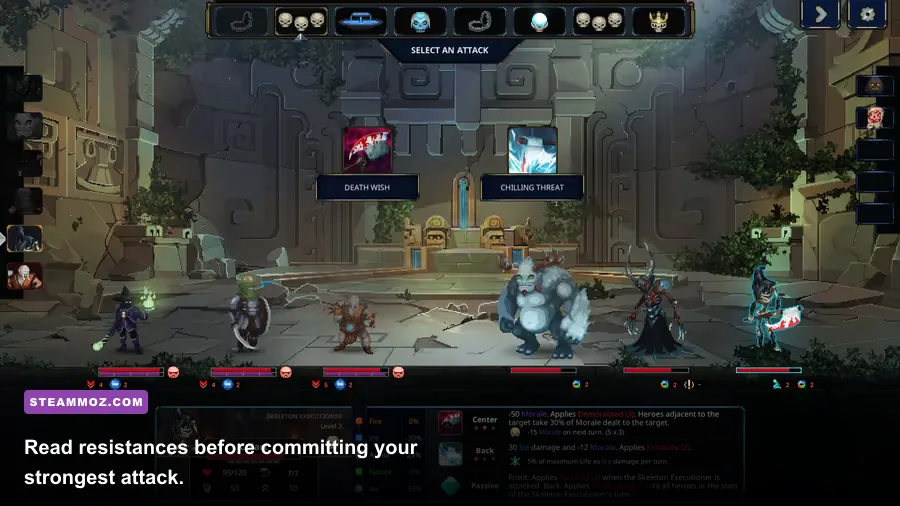 Legend of Keepers combat interface showing hero resistances and damage types