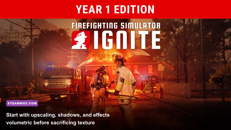 Firefighting Simulator Ignite graphics settings menu showing upscaling and shadow options
