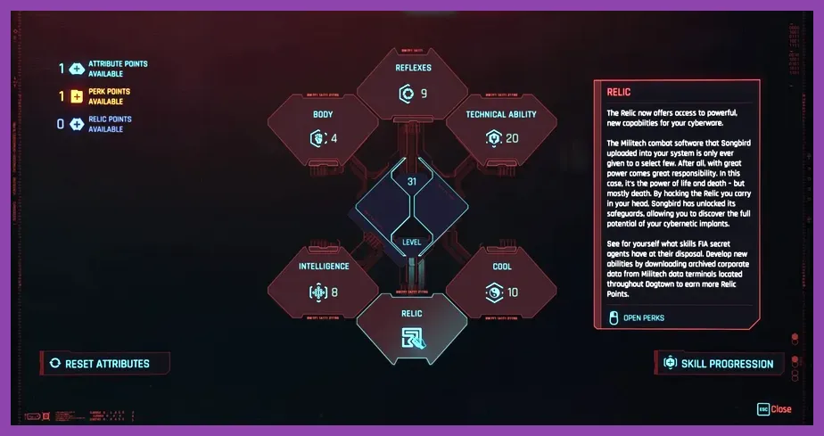 Cyberpunk 2077 Phantom Liberty Relic skill tree menu