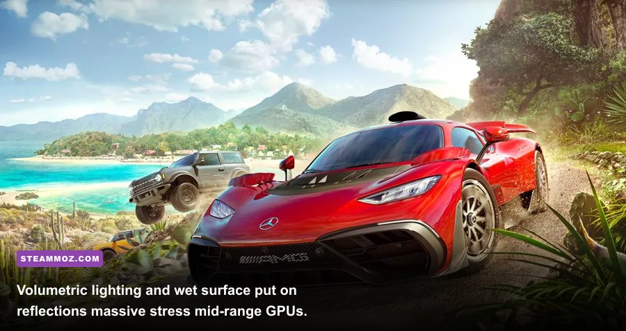 Off-road vehicle racing through a rainy jungle storm in Forza Horizon 5