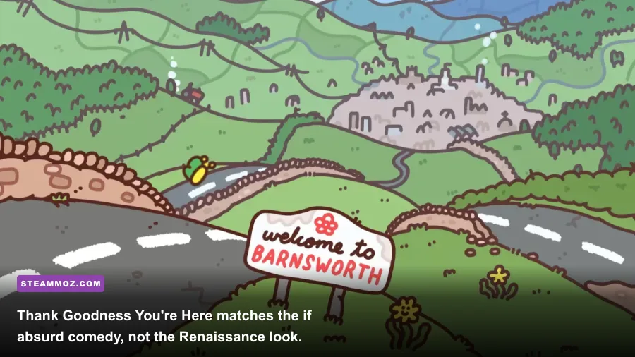 Thank Goodness You're Here gameplay showing the colorful cartoon town of Barnsworth