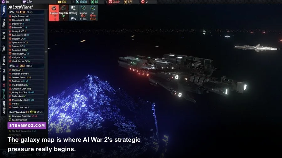 AI War 2 Zenith Onslaught galaxy map showing planets and fleets