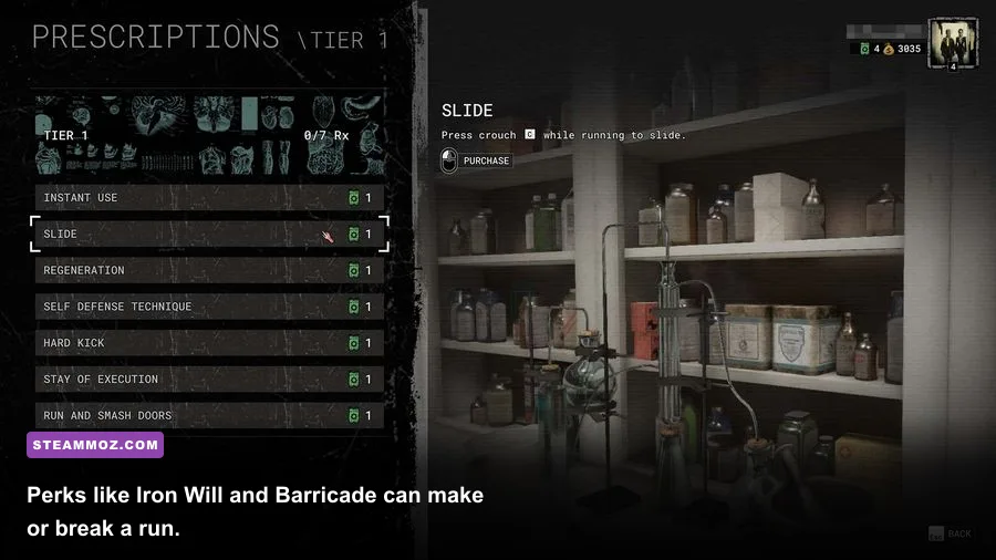 The perk selection wheel in The Outlast Trials showing unlockable abilities
