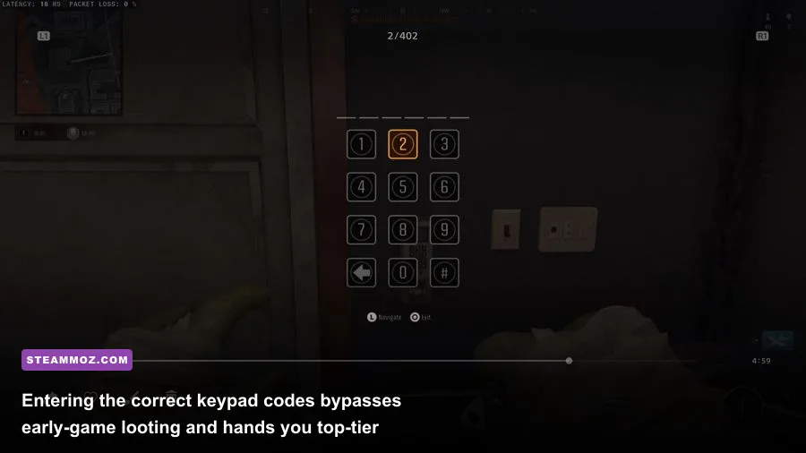 Player entering code on illuminated bunker keypad in Warzone PC
