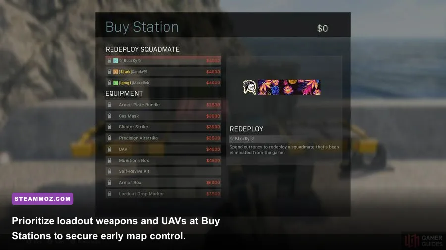Warzone Buy Station kiosk screen showing purchase options and team cash reserve