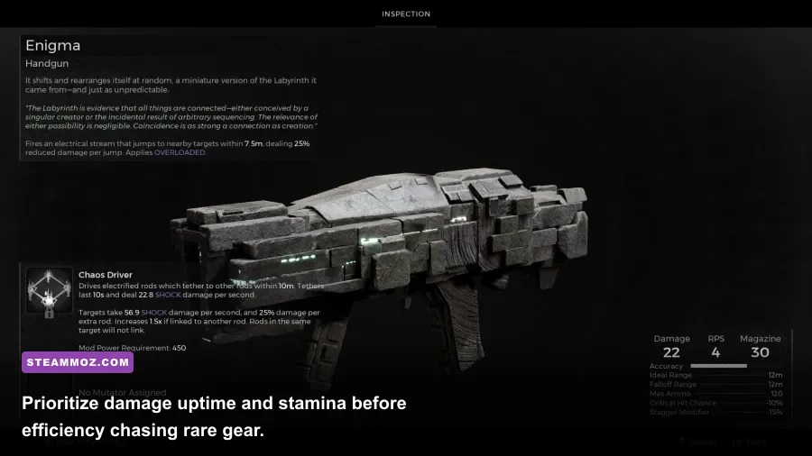ENIGMA character equipment screen with early-game weapon and combat abilities