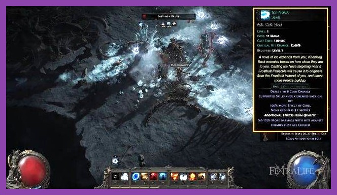 Sorceress throwing lightning sparks and freezing spell effects in Path of Exile 2