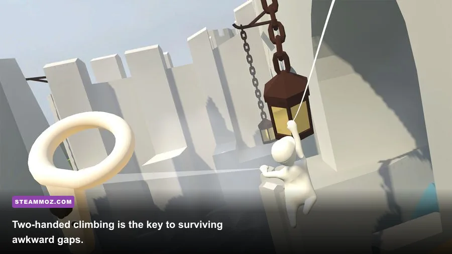 Human Fall Flat VR character using both hands to climb a ledge