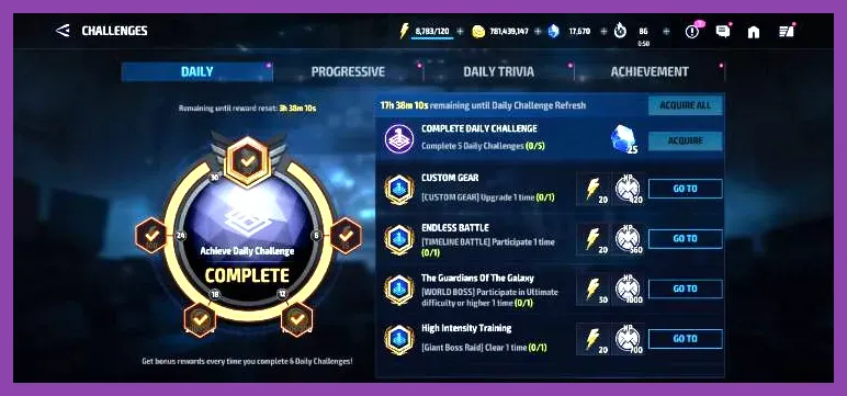 Marvel Future Fight daily challenges tab displaying 25 daily crystal reward