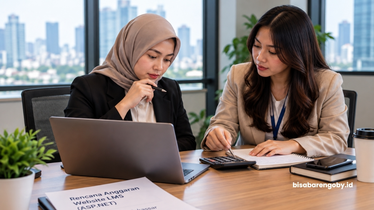 Manajer pengadaan dan HRD menyusun anggaran saat mengevaluasi harga website LMS untuk perusahaan di Makassar berbasis ASP.NET