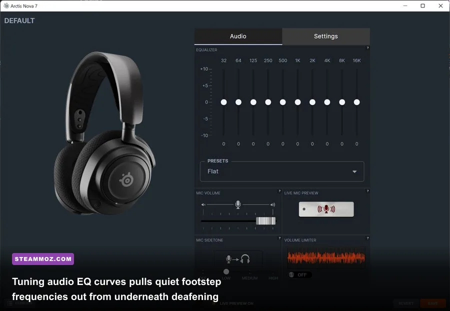 Parametric audio equalizer software interface with frequency curves for gaming