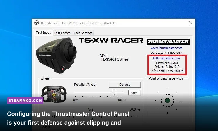 Thrustmaster control panel gain and force feedback configuration window on PC
