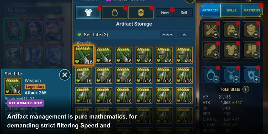 Managing high-end artifact substats and inventory rolls in Raid Shadow Legends PC