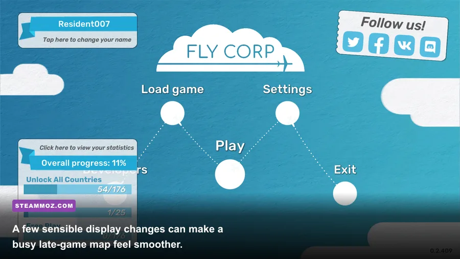 Fly Corp PC graphics settings menu with resolution and display options