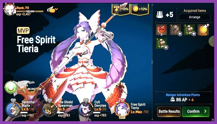 Free Spirit Tieria clearing waves in Epic Seven