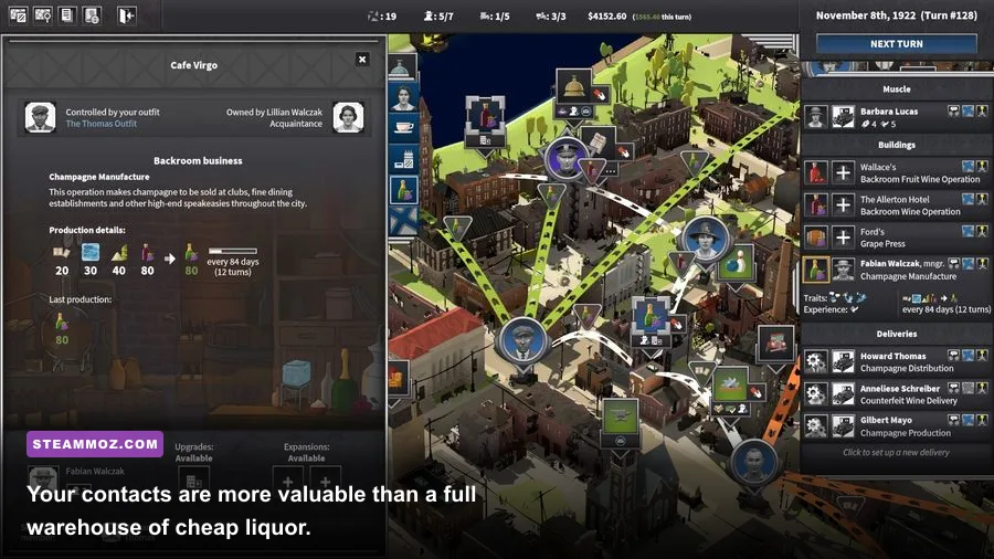 City of Gangsters crew and contacts screen showing favors, skills, and relationships