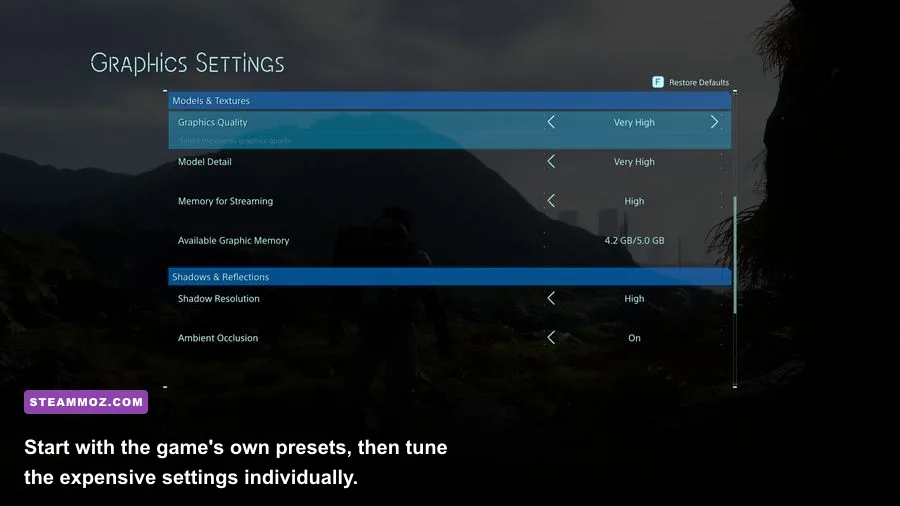 Deadfall Adventures PC graphics options menu