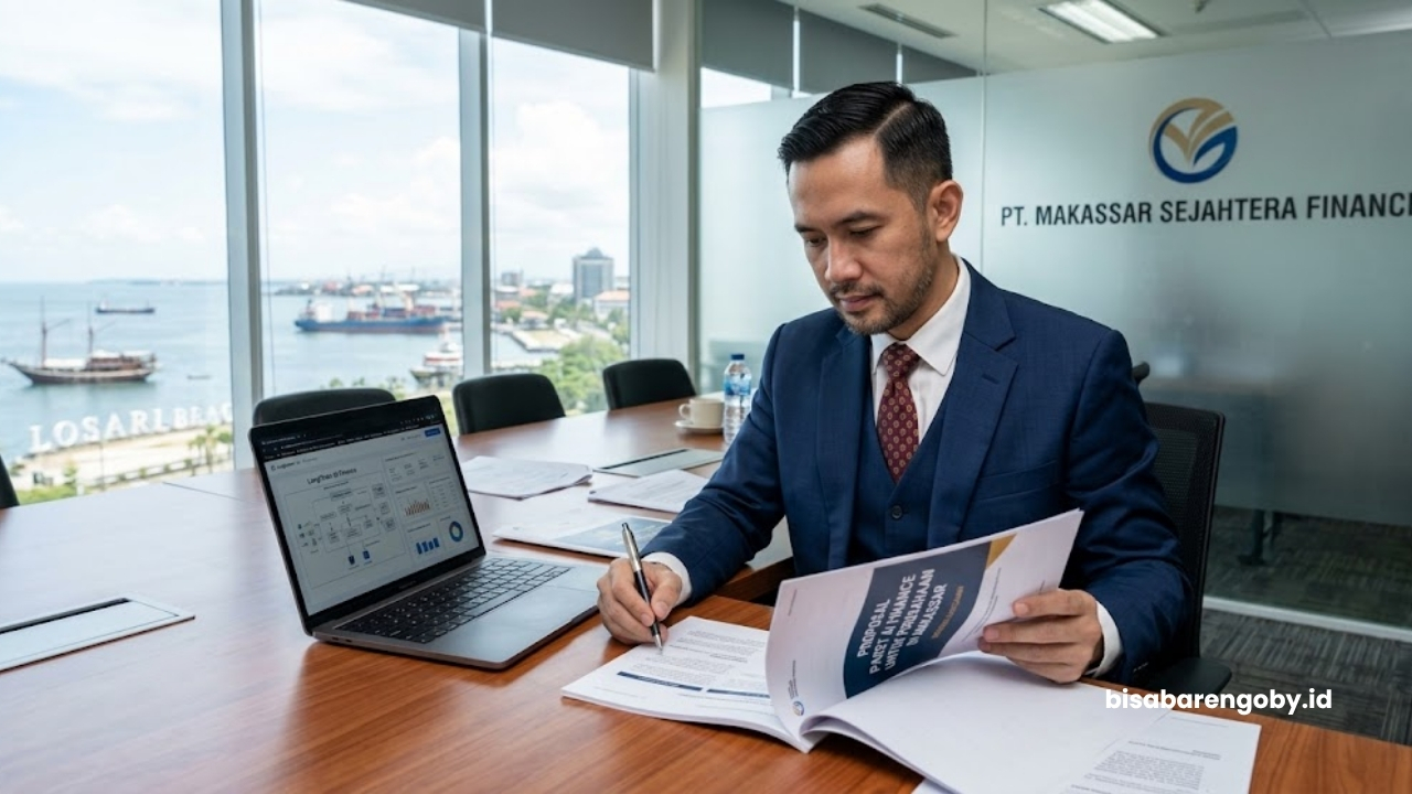Manajer keuangan mengevaluasi proposal paket AI Finance untuk perusahaan di Makassar berbasis LangChain