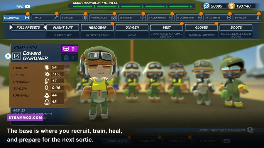 Bomber Crew base management screen with crew roster and mission map