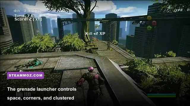 Bionic Commando grenade launcher explosion in an industrial arena