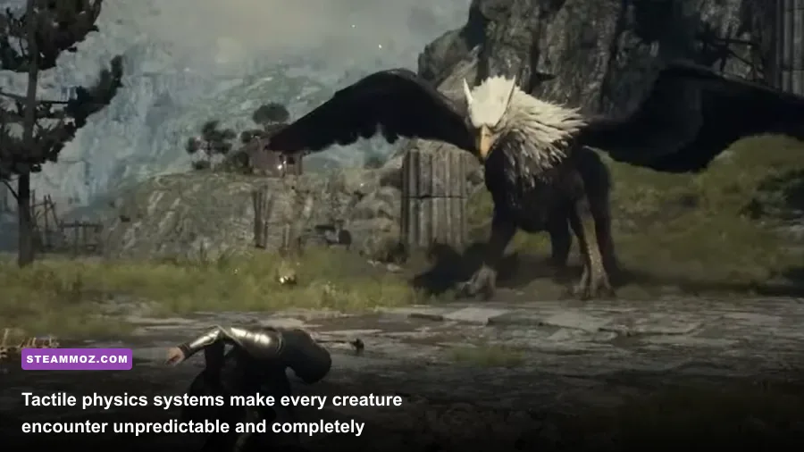 Arisen climbing a thrashing griffin mid-flight in Dragons Dogma 2