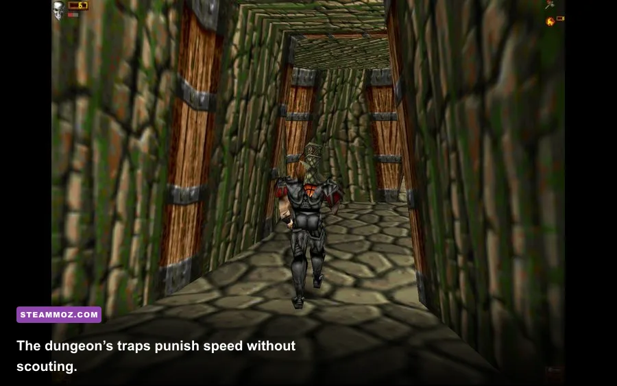 A dangerous spike and rolling boulder trap corridor in Deathtrap Dungeon