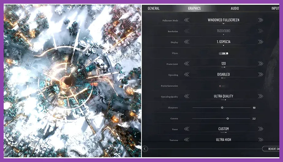 Frostpunk 2 graphics settings screen on PC