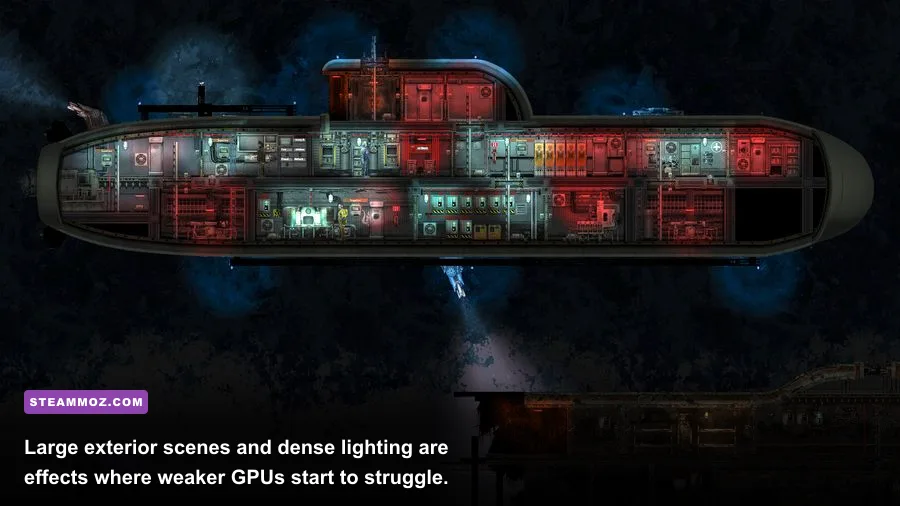 Barotrauma submarine traveling through the dark Europa underwater environment