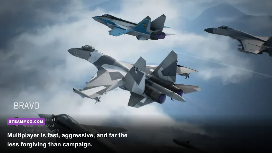 Fighter jets engaging in missile combat during an Ace Combat 7 multiplayer match