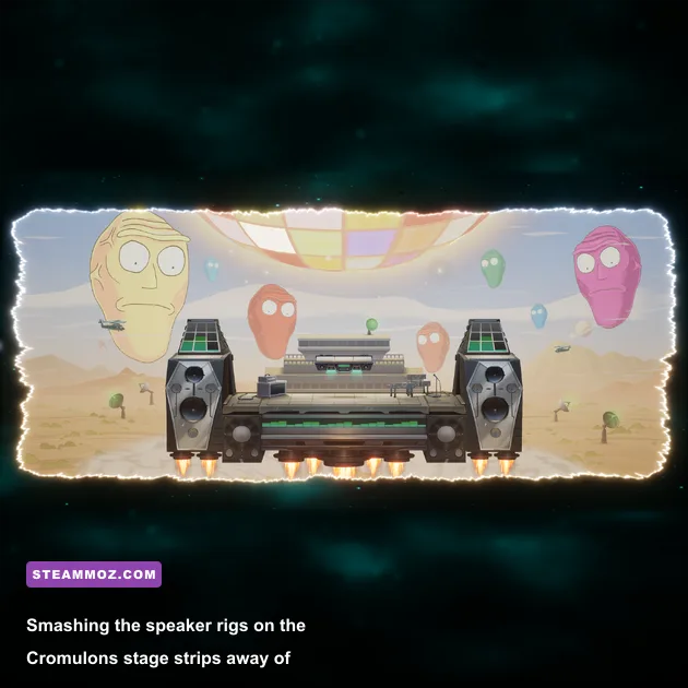 Cromulons stage in MultiVersus with floating heads and destructible speaker towers