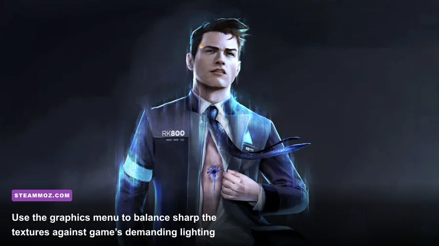 Detroit Become Human PC graphics menu showing texture, shadow, and resolution options