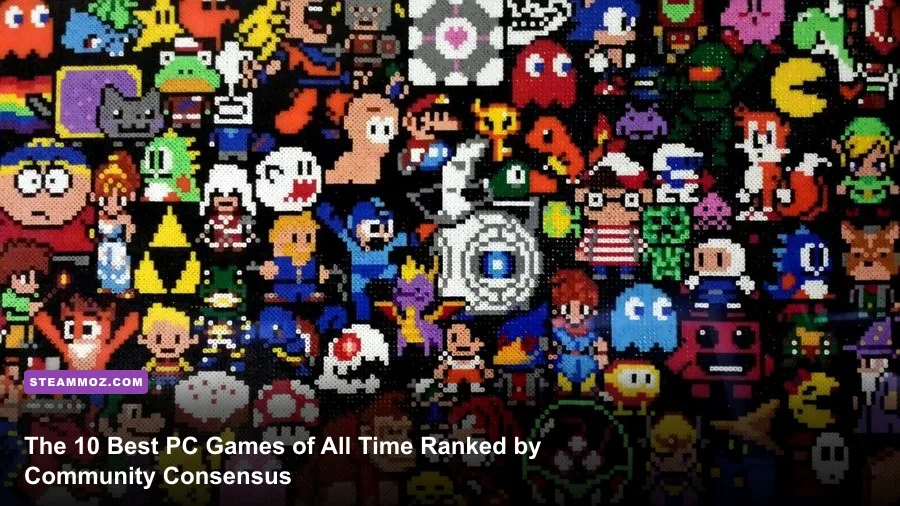 A cinematic collage representing the greatest PC games of all time including Baldur's Gate 3, Half-Life 2, and Elden Ring