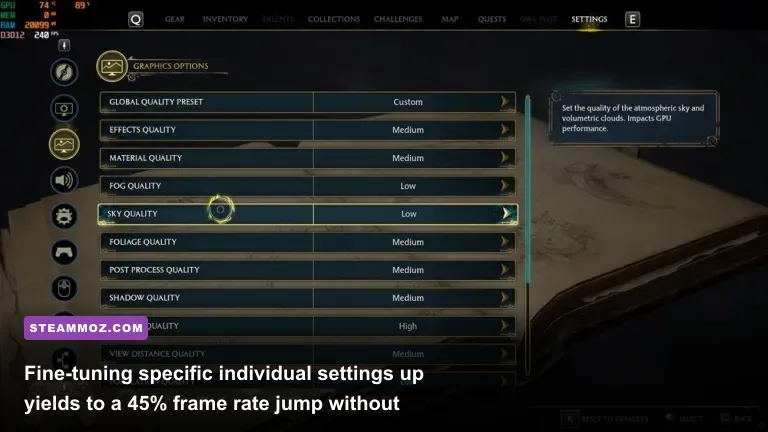 Hogwarts Legacy PC graphics settings menu showing visual quality options