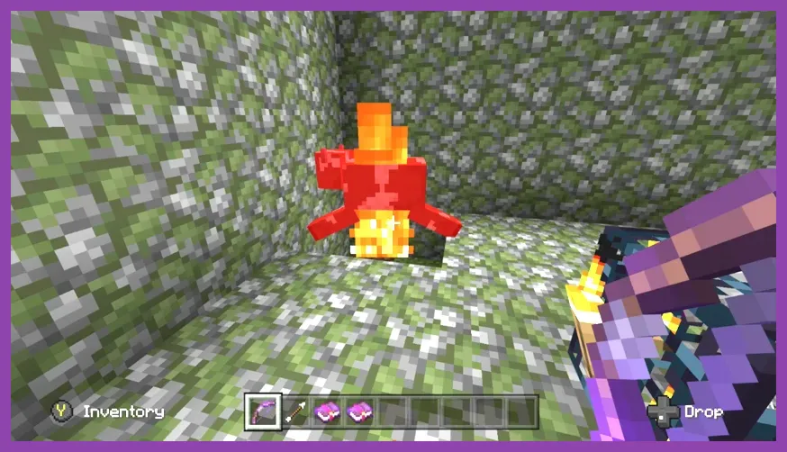 Minecraft player firing a Power V Infinity bow at hostile mobs