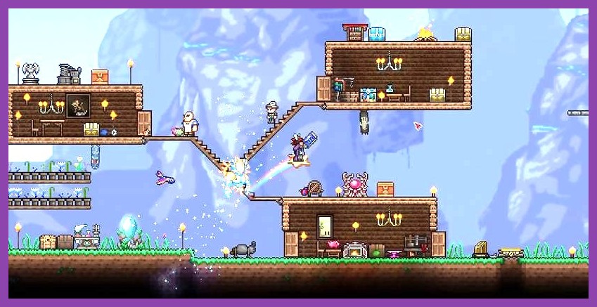 Terraria iOS gameplay showing player constructing a base