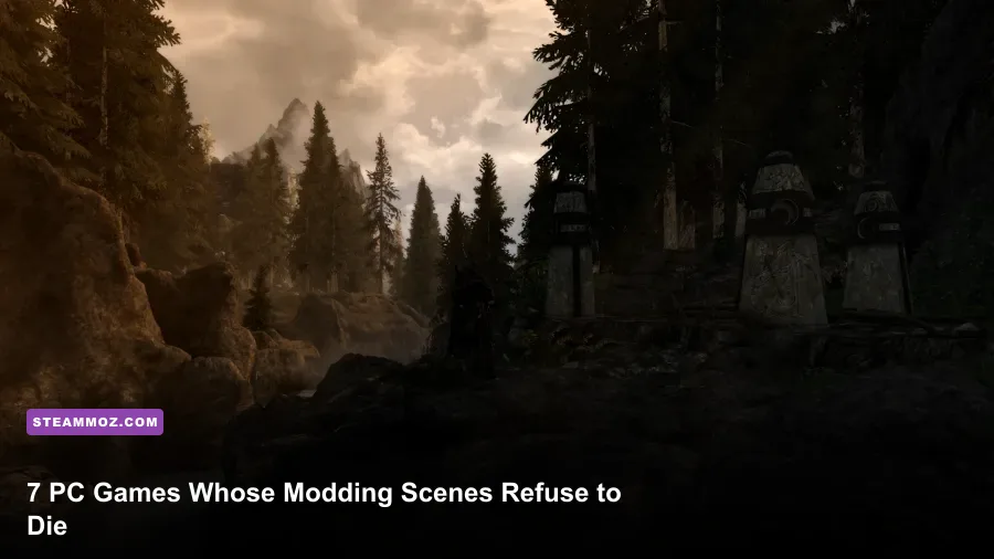 PC gamer browsing modding communities with Skyrim gameplay on screen