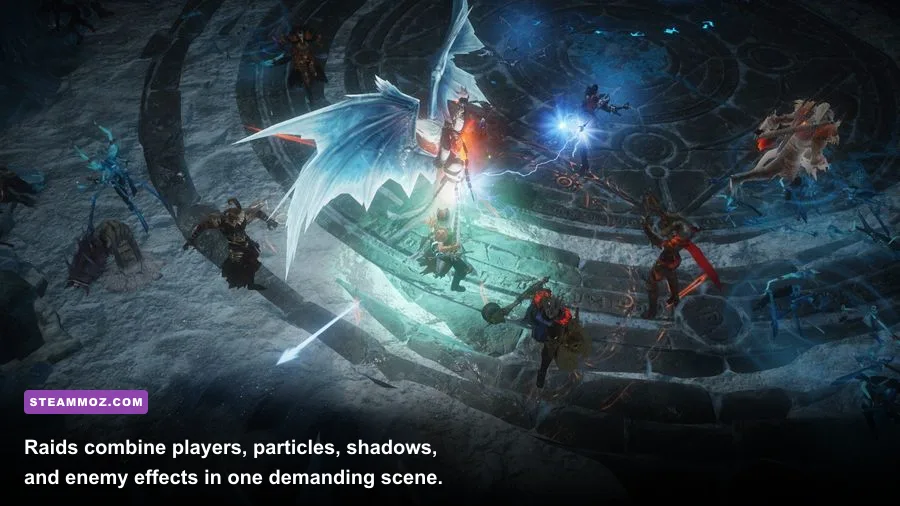 Diablo Immortal Helliquary raid group fighting a large demon boss