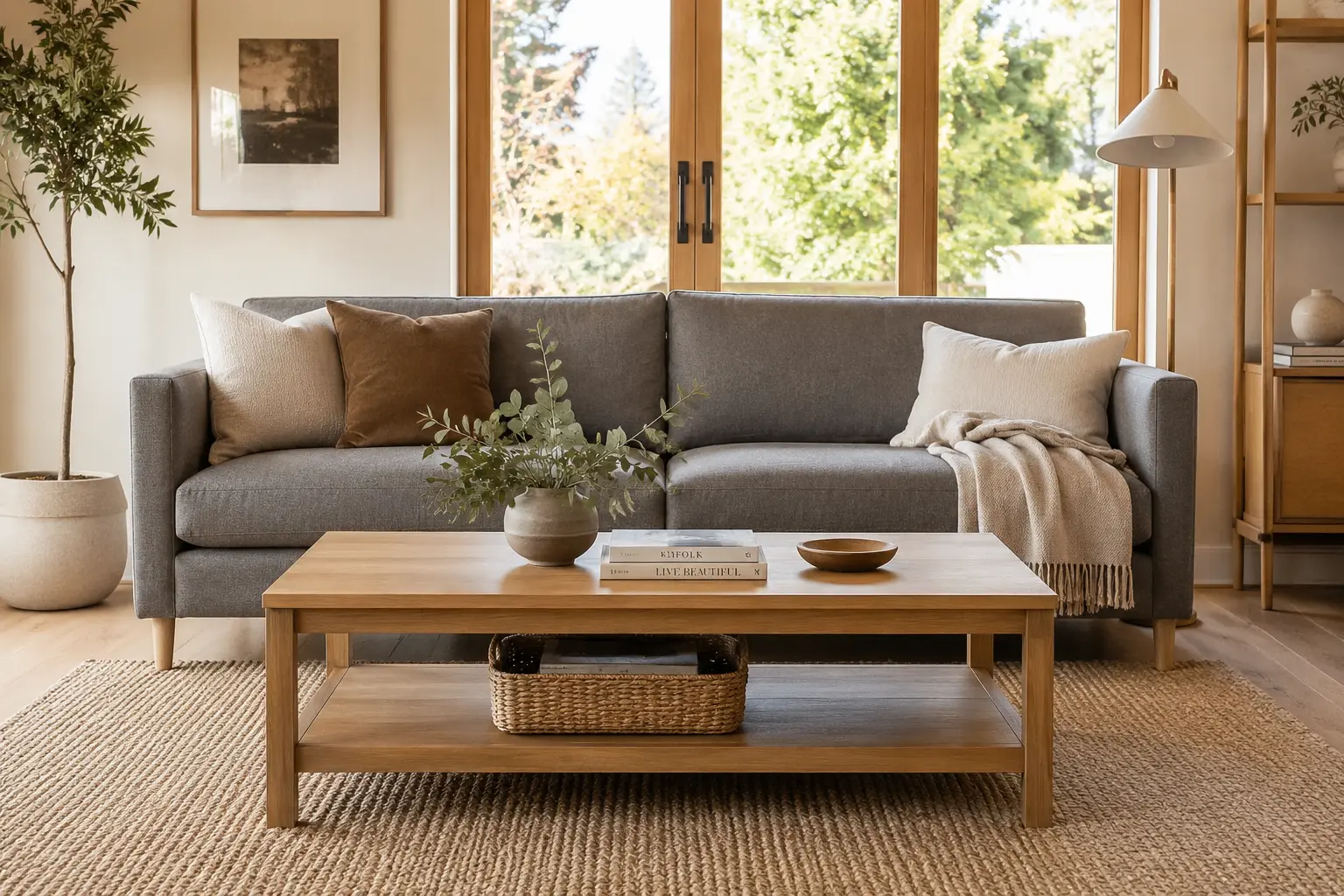 Properly proportioned rectangular wood coffee table measuring roughly two-thirds the length of a modern sofa in a living room